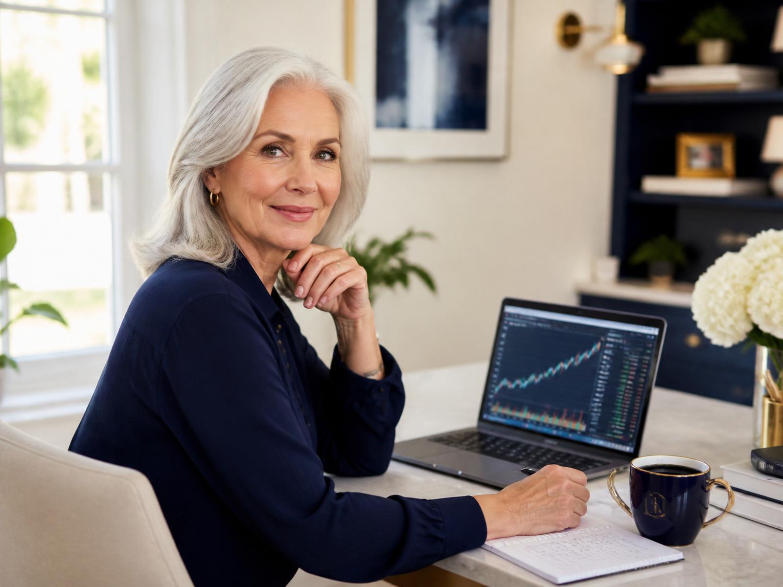 Confident woman studying stock charts at her home desk