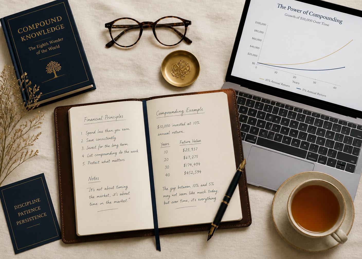 Notebook, fountain pen, laptop with a chart, and reading glasses