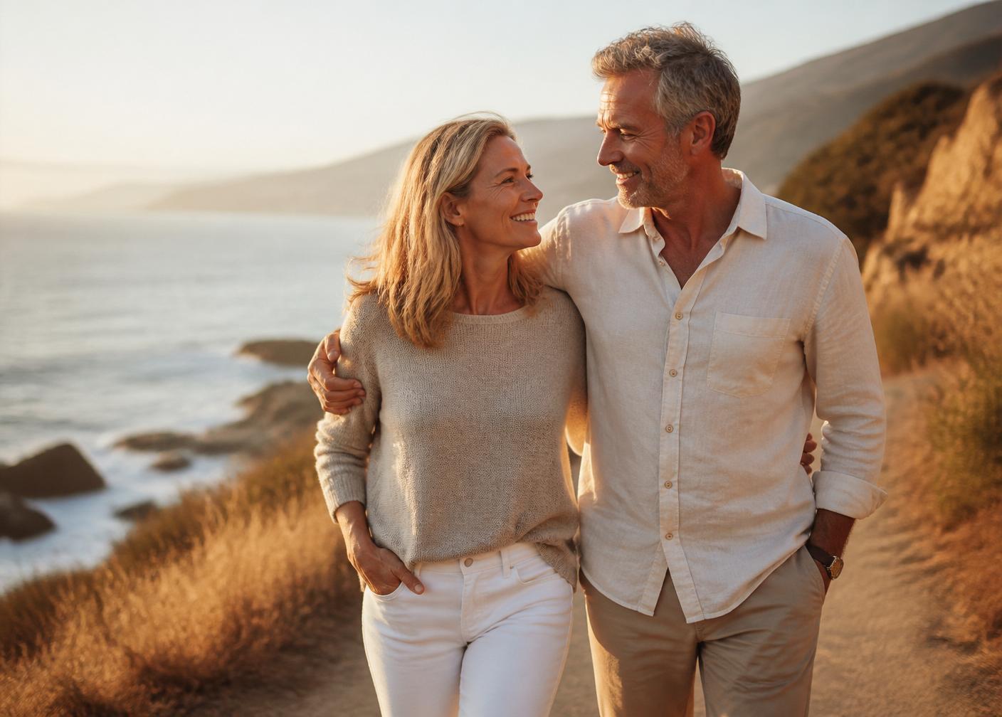Mature couple walking on a coastal path at sunset
